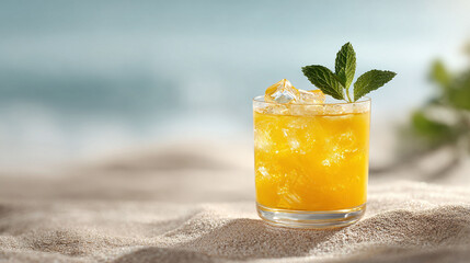 Obraz premium Refreshing iced drink on a sandy beach, symbolizing relaxation and summer vibes. Ideal for travel, vacation, or refreshment themes, evokes serenity and escape.