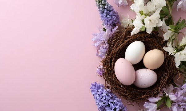 Easter background with Easter eggs and spring flowers. - Powered by Adobe