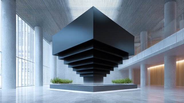 Modern and minimalist interior of a building with a high ceiling. the ceiling is made up of vertical lines that create a grid-like pattern.