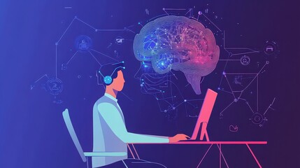 Man wearing headset using computer with brain graphic overlay on a blue background with network connections