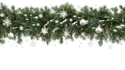 Border of pine branches with snowflakes and ornaments isolated on white background