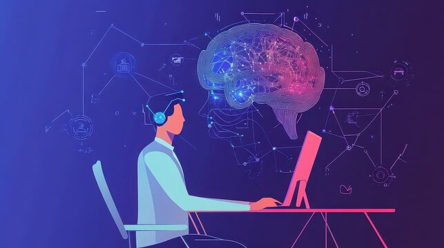Man wearing headset using computer with brain graphic overlay on a blue background with network connections