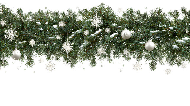 Border of pine branches with snowflakes and ornaments isolated on white background