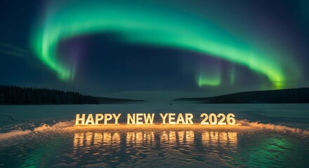 Celebrate 2026 New Year glowing lights under vibrant aurora borealis