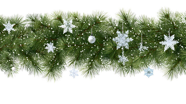 Border of pine branches with snowflakes and ornaments isolated on white background