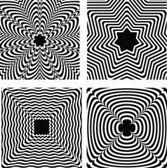 Optical illusion black and white Psychedelic shapes collection set of 4 designs. For web backgrounds, advertisements, textures and banners.