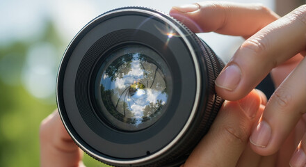 Holding camera lens with fingers, professional photo equipment reflecting bright outdoor scene. Holding camera lens with clear reflection showing blue sky, tree leaves, and bokeh effect.