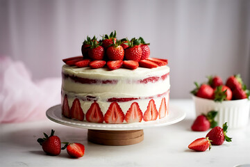 Delicious strawberry biscuit cake torte dessert with fresh berries and butter cream on concrete background. Ai generated.