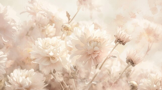 A bouquet of charming light pink and peach chrysanthemums, set against an antique light blue background, captured with a soft-focus, evoking nostalgic memories of serene moments.