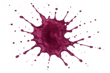 Magenta paint splash ink splatter creating an expressive abstract liquid design with random droplets, transparent background