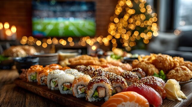 Delicious spread of assorted sushi rolls and tempura on a wooden table. A football game is on TV with a Christmas tree's blurred lights.
