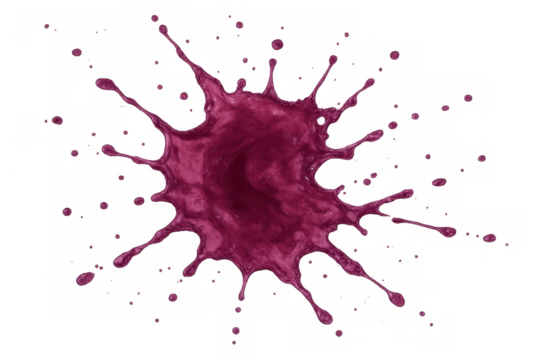 Magenta paint splash ink splatter creating an expressive abstract liquid design with random droplets, transparent background