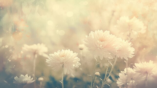 A bouquet of charming light pink and peach chrysanthemums, set against an antique light blue background, captured with a soft-focus, evoking nostalgic memories of serene moments.