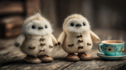 Cute handmade penguin figurines wearing sweaters stand next to a steaming cup on a rustic wooden table