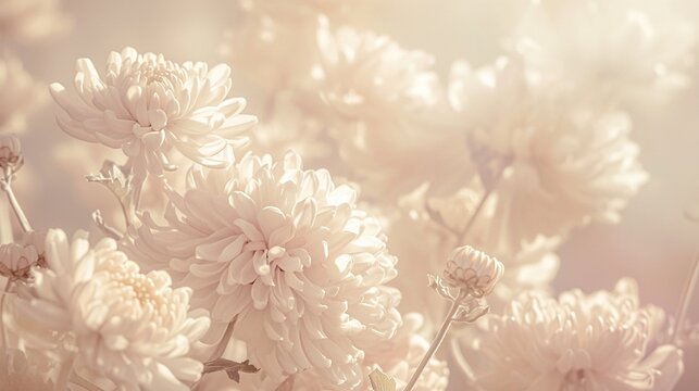 A bouquet of charming light pink and peach chrysanthemums, set against an antique light blue background, captured with a soft-focus, evoking nostalgic memories of serene moments.