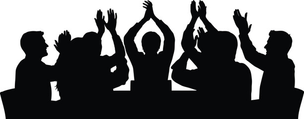 Group of diverse people silhouette raising hands and clapping in celebration at a meeting or successful business event