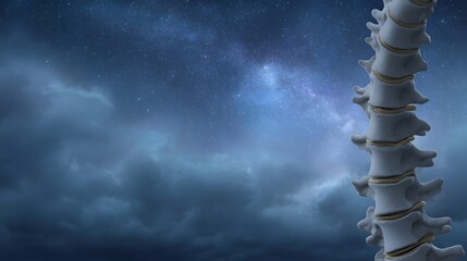 A human spine viewed against a dramatic night sky filled with stars and swirling clouds