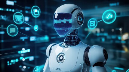 A futuristic robot with a digital display face surrounded by glowing interface icons and connections