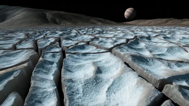 Alien ice planet surface cracked terrain with distant gas giant planet in dark sky 4K Ai HD high quality video.	
