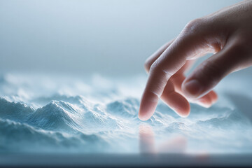 Closeup of a finger touching a digital landscape. Abstract concept of control, exploration, or interaction with technology. Ideal for innovation or futuristic themes.