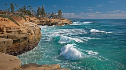 Obraz premium Serene Coastal Landscape with Gentle Waves Crashing Against Rocky Cliffs Under a Clear Blue Sky in La Jolla, California