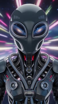 Alien Encounter: Close-Up of Extraterrestrial Being with Galaxy Eyes and Metallic Body