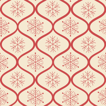 Retro Red Christmas Snowflakes on vintage ogee seamless pattern. For Christmas d&eacute;cor, backgrounds, fabric and textile