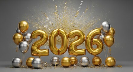 Celebrate New Year 2026 with gold and silver balloons