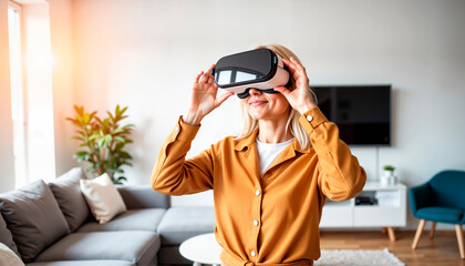 Woman using virtual reality headset in modern living room at home