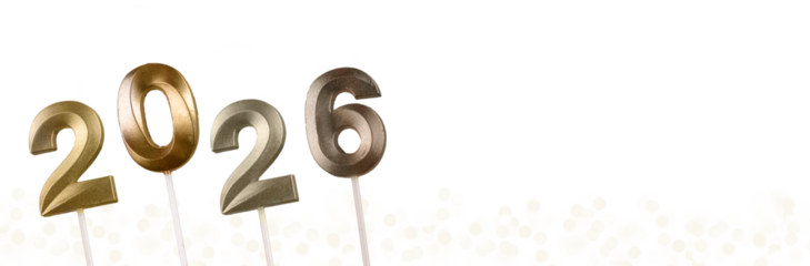 2026 New Year banner. Golden metallic numbers glowing on black background with twinkling lights and