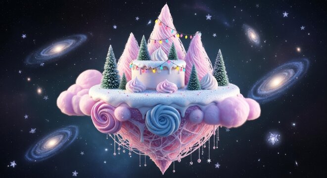A whimsical floating island made of cake and candy adrift in a starry galaxy with cosmic swirls.