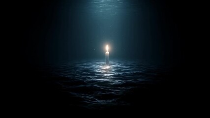 Single candle floating on dark ocean water illuminated by soft blue light symbolizing hope solitude and resilience