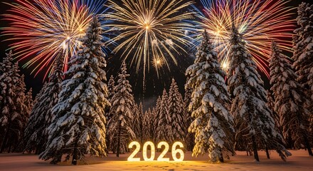 Stunning New Year's Eve fireworks illuminate snowy forest with 2026