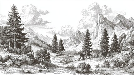 Fototapeta premium Majestic alpine mountains and forest landscape engraving sketch with trees rocks and clouds in vintage style
