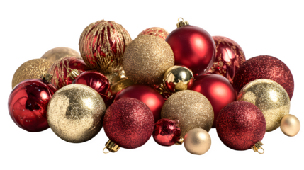 Collection of red and gold baubles arranged for holiday d?cor isolated on white background