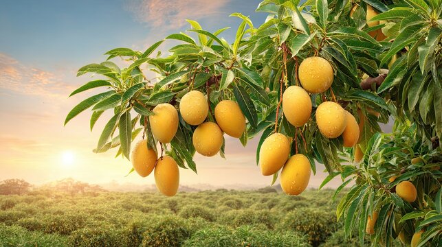 Fresh ripe mango fruits hanging on tree branches in tropical orchard with sunlight and green leaves in summer morning - Powered by Adobe