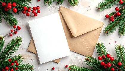 Blank card & envelope nestled amidst holiday fir boughs & red berries on a textured surface