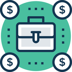 Business Briefcase Surrounded by Dollar Signs and Teal Green Circular Background with Dotted Lines and Dark Blue Outline