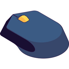 A blue computer mouse with a yellow button is shown on a transparent background with subtle shadows and highlights giving it a 3D appearance, a digital accessory for navigation.