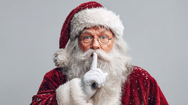 Santa Claus making shh gesture with finger on lips wearing red suit and hat symbolizing Christmas secret magic