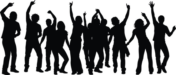 Group of young people dancing silhouette vector Happy crowd cheering with raised hands at a party, club, or music concert event