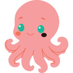 Adorable Pink Baby Octopus with Big Teal Eyes and Cute Orange Accents and Black Dot on Cheek on Transparent Background