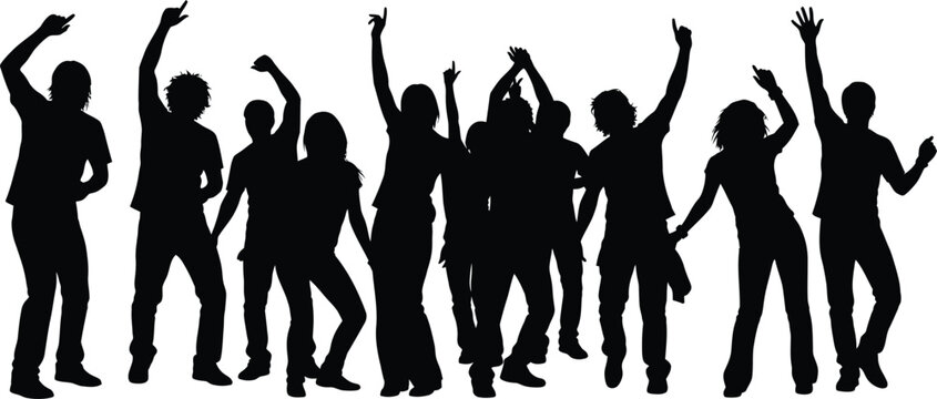 Group of young people dancing silhouette vector Happy crowd cheering with raised hands at a party, club, or music concert event
