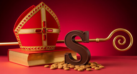 Red sinterklaas hat Mitre, decorative staff, large chocolate letter S, surrounded by traditional spiced cookies, festive attire and dutch holiday spirit. traditional Saint Nicolas day five december