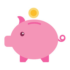 Illustration of a pink piggy bank with a coin isolated on white background, savings concept