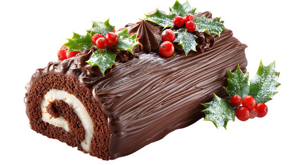 Chocolate Yule log cake with icing and holly decoration isolated on white background