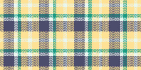 Rough fabric check pattern, genuine plaid texture seamless. Copy space vector textile background tartan in amber and blue colors.