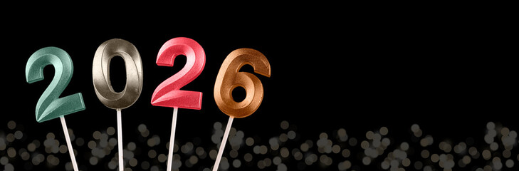 2026 New Year banner. Shiny multicolored lights and twinkling numbers glowing on black background,