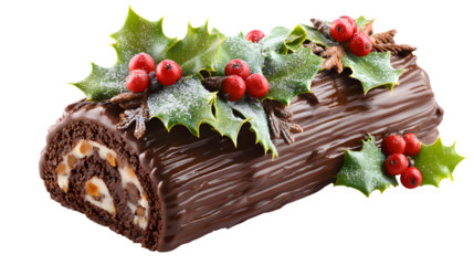Chocolate Yule log cake with icing and holly decoration isolated on white background