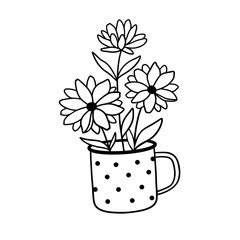 Cute wildflowers in a cup. Vector floral doodles.